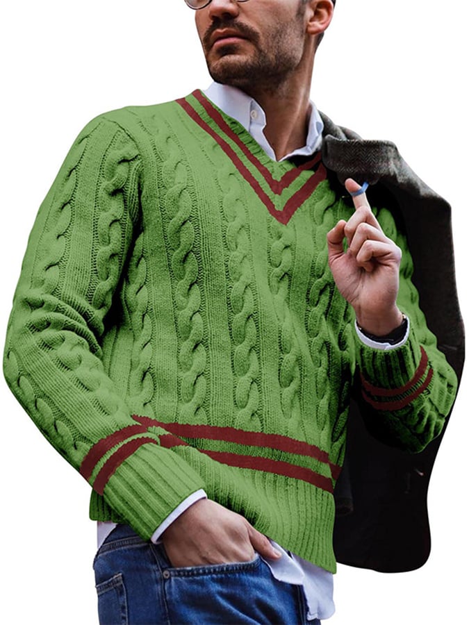 Men's Casual Striped Contrast V-Neck Cable Knit Sweater