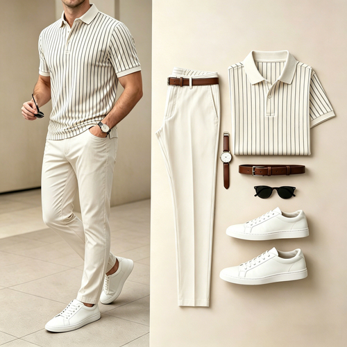 Men's Casual Fine-Striped Printed Short-Sleeve Polo Shirt And Pants Set (Excluding Accessories Such As Watches And Belts)