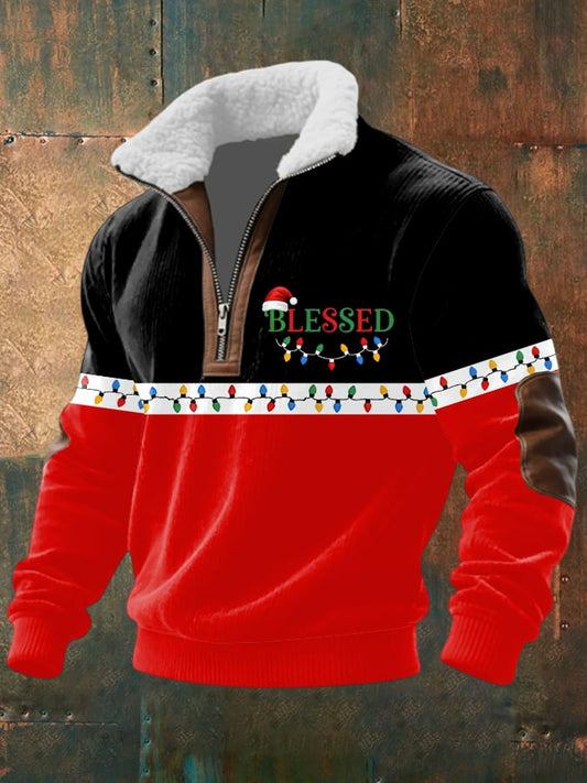 Men's Blessed Christmas Print Half Zip Lapel Sweatshirt