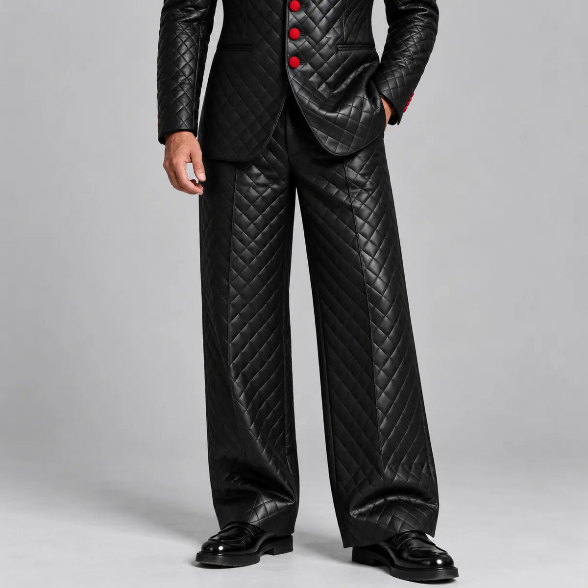 Men's Black PU Leather Quilted Straight Wide Leg Casual Pants