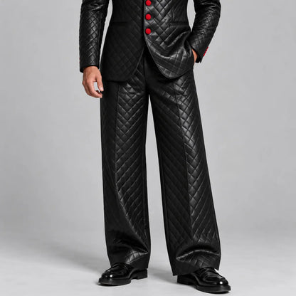 Men's Black PU Leather Quilted Straight Wide Leg Casual Pants