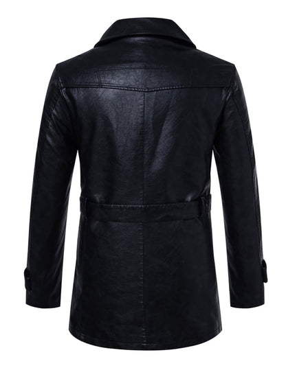 Men'S Stylish Suit Collar Mid-Length With Belt Casual Leather Trench Coat