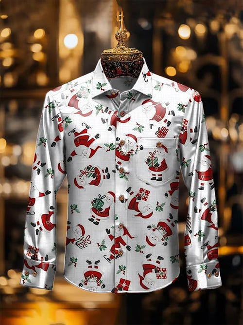 Men's Luxury Christmas Contrast Print Long Sleeve Pocket Shirt