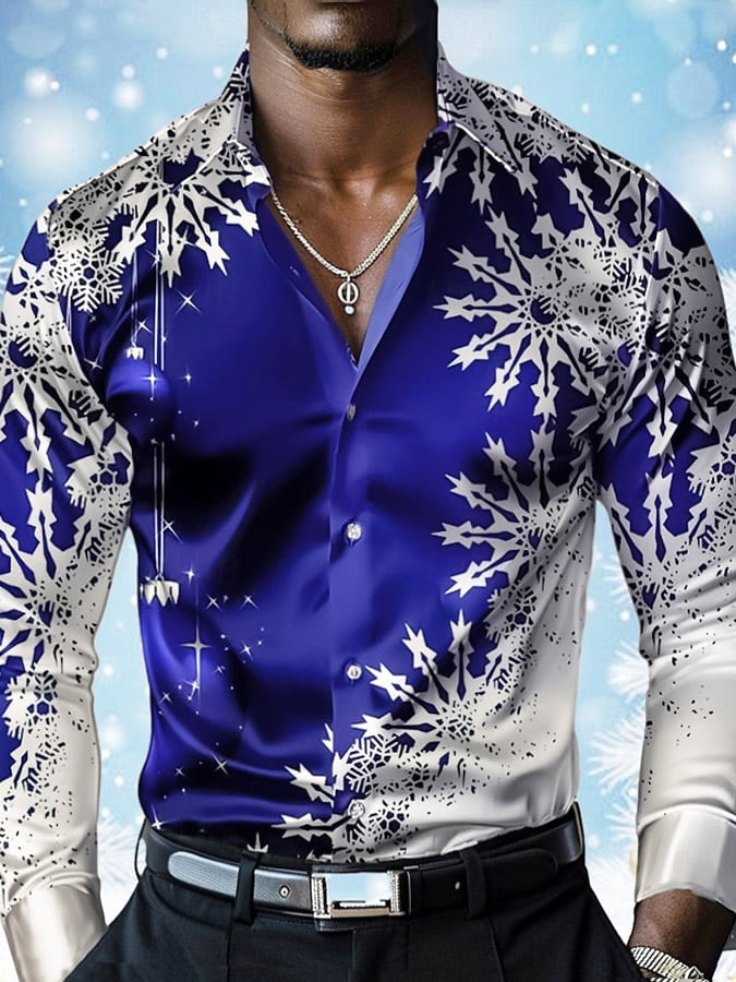 Men's Luxury Christmas Contrast Color Print Long Sleeve Shirt