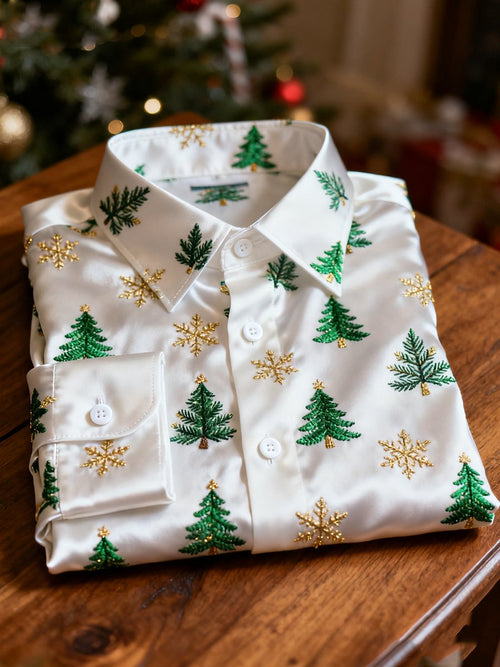 Men's Business Retro Christmas Evergreen Tree Snowflake Print Long Sleeve Shirt