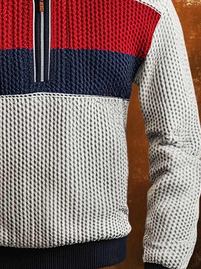 Men'S Casual Retro Contrast Color Half Zip Stand Collar Long Sleeve Sweatshirt