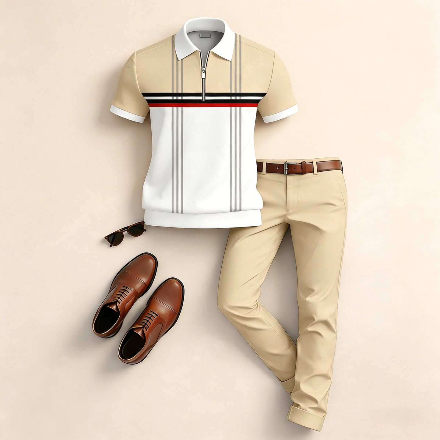 Men's Casual Striped Patchwork Print Short-Sleeve Polo Shirt And Pants Two-Piece Set