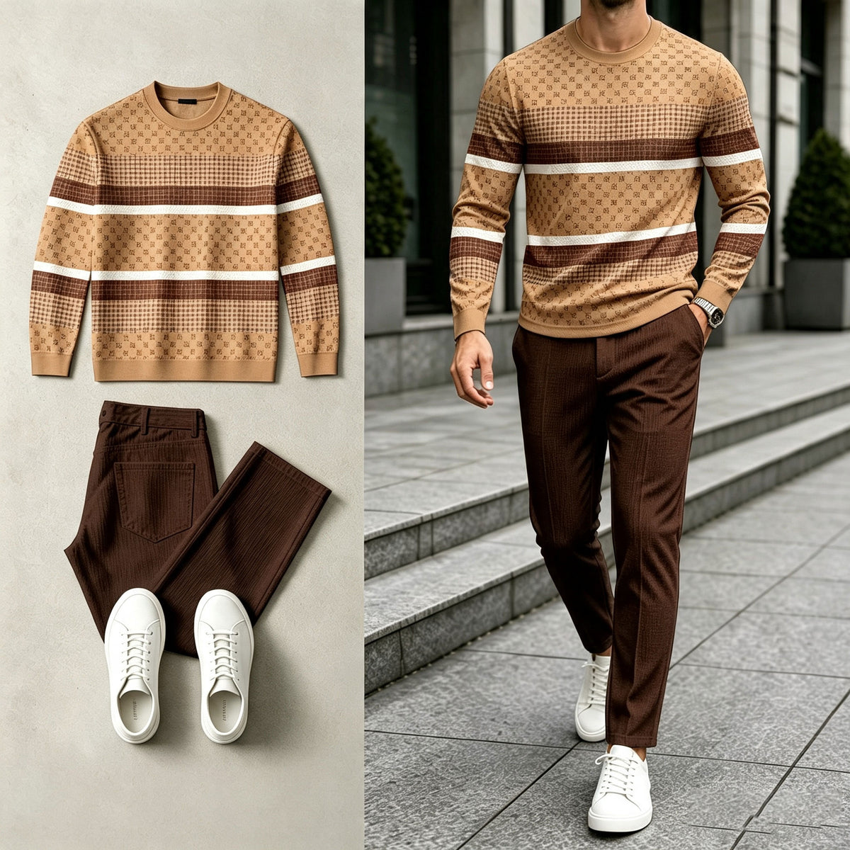Men's Subtle Monogram Round-Neck Sweatshirt and Pants Set