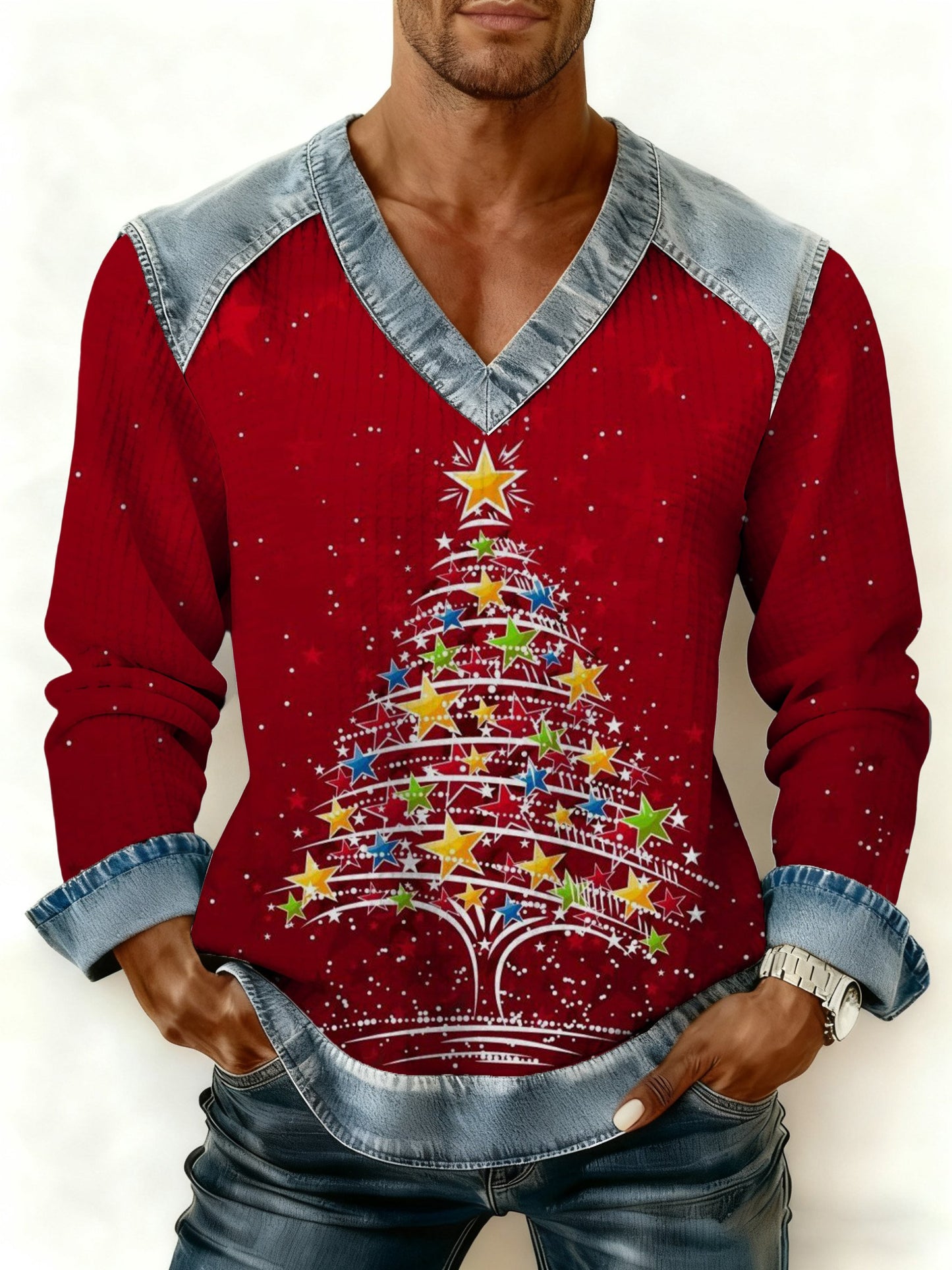 Men's Retro Christmas Print V-Neck Pullover