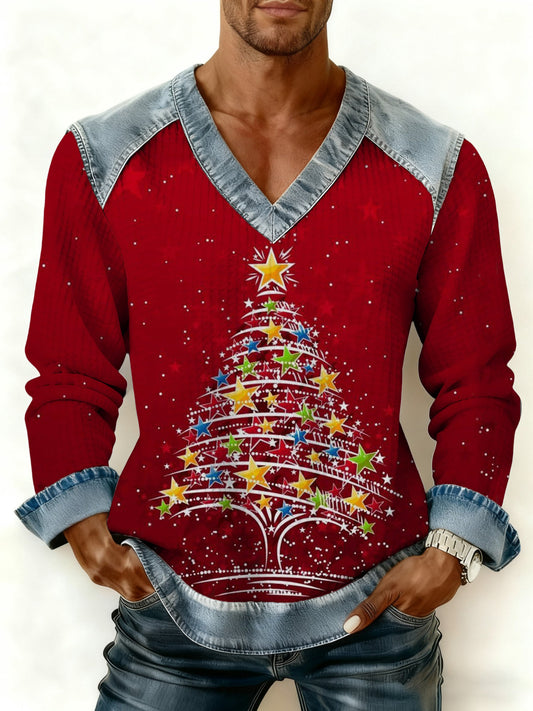 Men's Retro Christmas Print V-Neck Pullover