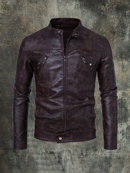 Men'S Stylish Casual Stand Collar Motorcycle Leather Jacket