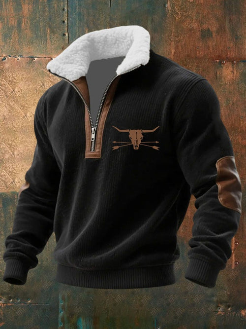 Men's Retro Cow Skull Print Lapel Sweatshirt