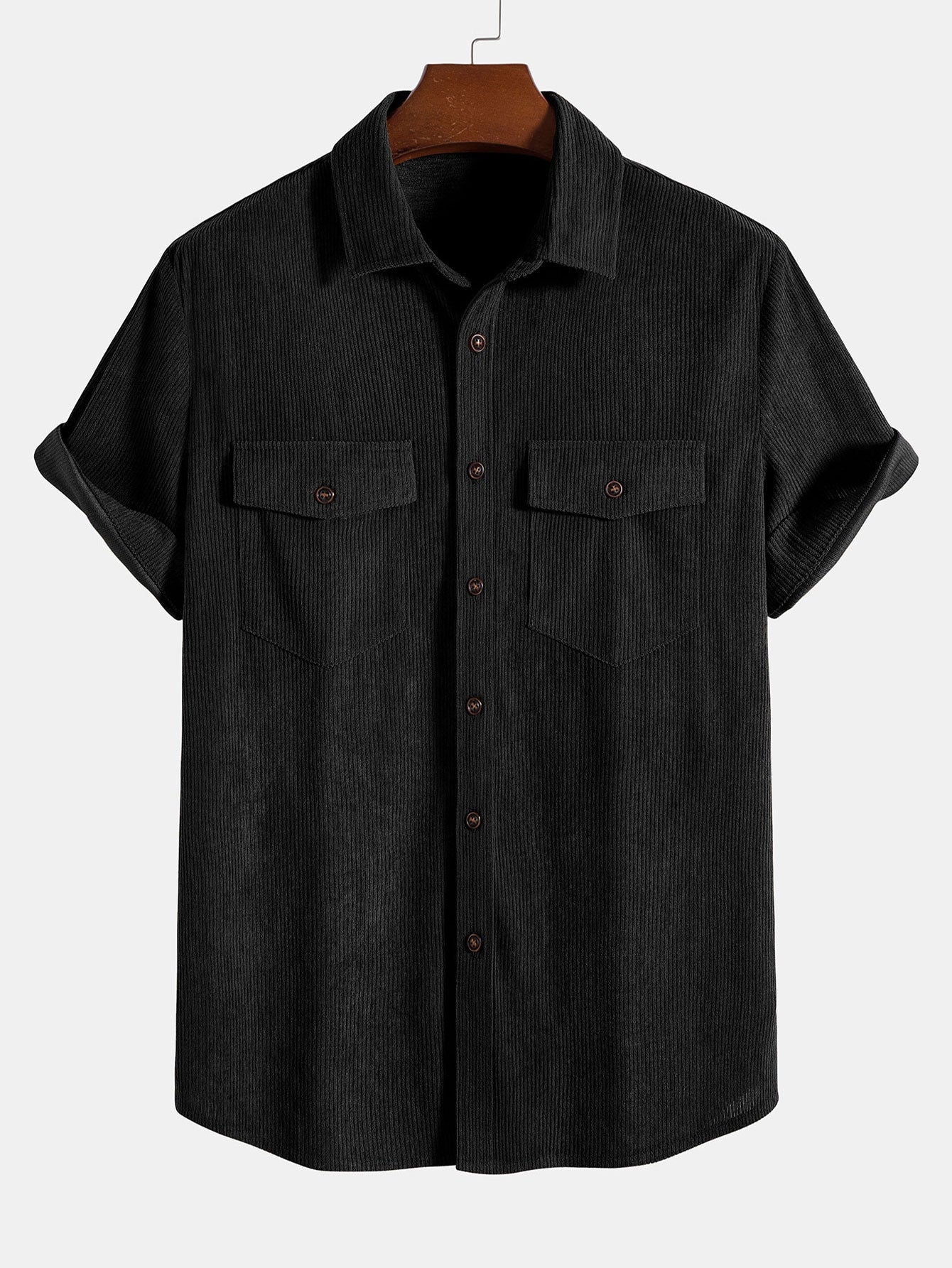 Short Sleeve Patch Pockets Corduroy Shirt