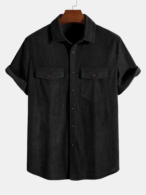 Short Sleeve Patch Pockets Corduroy Shirt