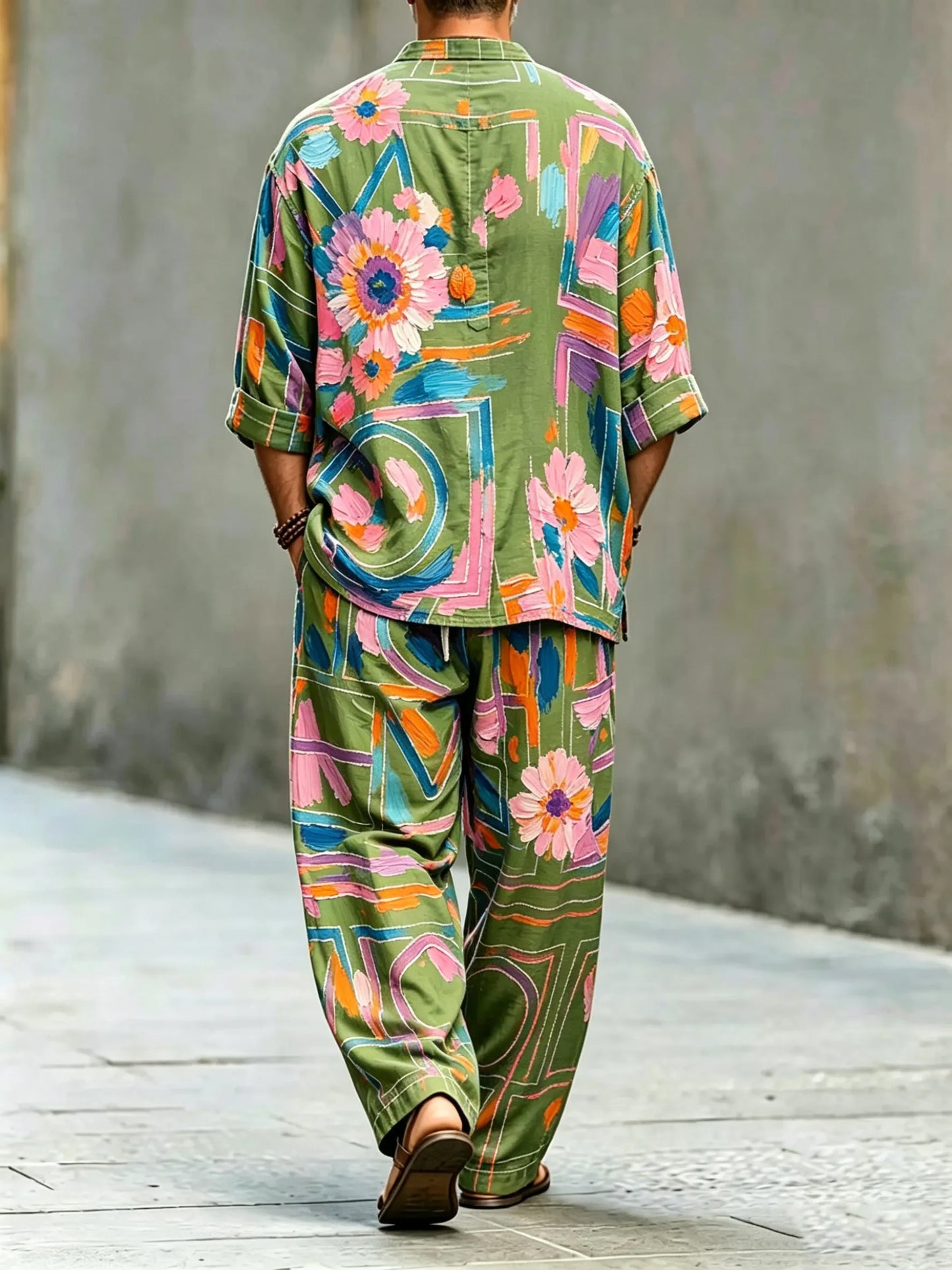 Men's Vintage Abstract Art Printed Cotton Shirt Set (Top & Pants)