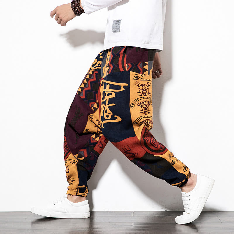 Buddha Stones Red Brown Graffiti Bird Print Men's Harem Pants With Pockets