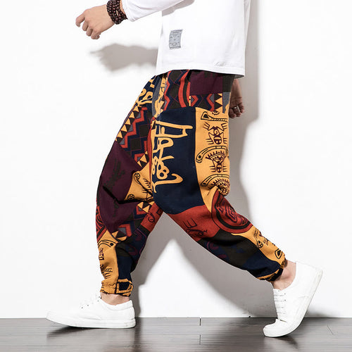 Buddha Stones Red Brown Graffiti Bird Print Men's Harem Pants With Pockets