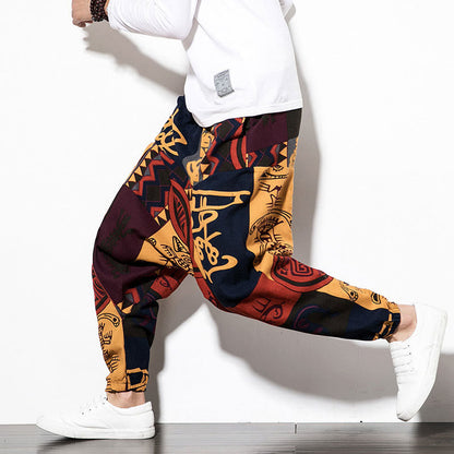 Buddha Stones Red Brown Graffiti Bird Print Men's Harem Pants With Pockets