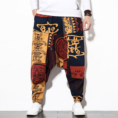 Buddha Stones Red Brown Graffiti Bird Print Men's Harem Pants With Pockets