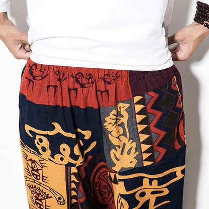 Buddha Stones Red Brown Graffiti Bird Print Men's Harem Pants With Pockets