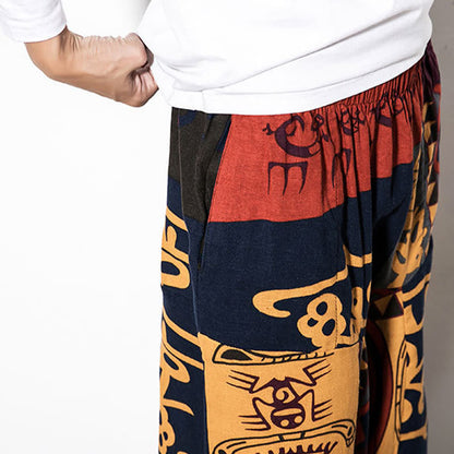 Buddha Stones Red Brown Graffiti Bird Print Men's Harem Pants With Pockets