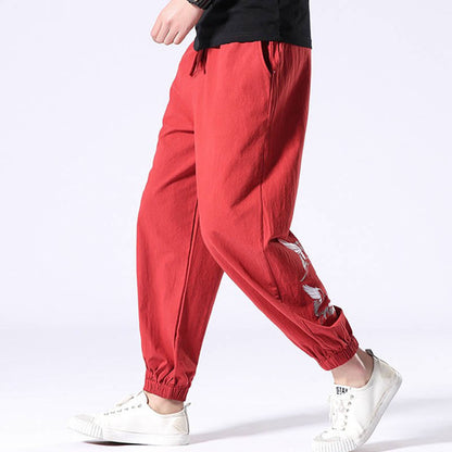 Buddha Stones White Crane Embroidery Design Drawstring Men's Harem Pants With Pockets