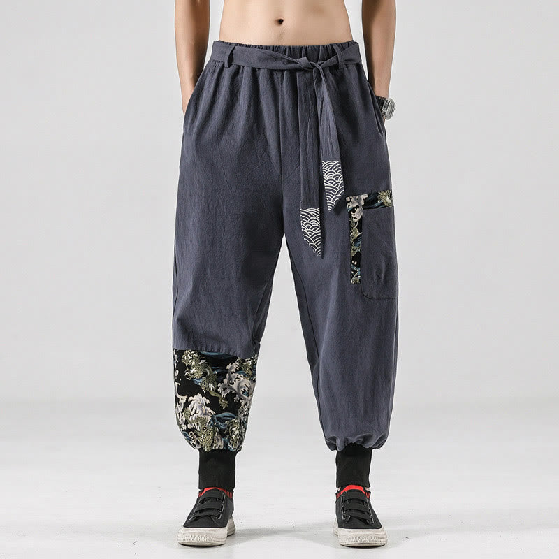 Buddha Stones Ocean Waves Lace-up Men's Harem Pants With Pockets