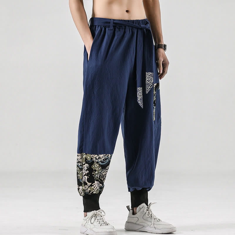 Buddha Stones Ocean Waves Lace-up Men's Harem Pants With Pockets