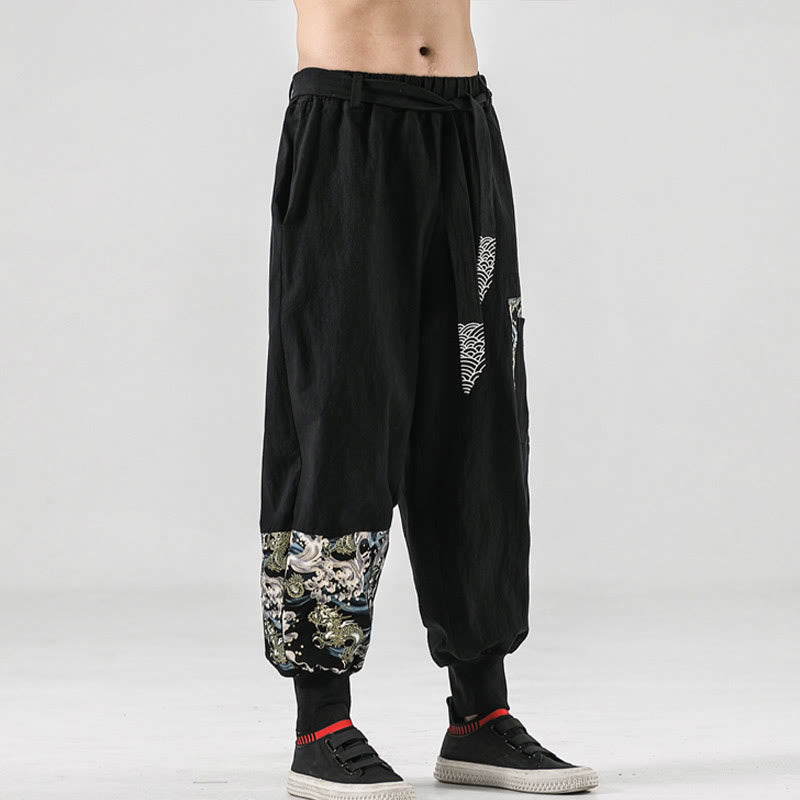 Buddha Stones Ocean Waves Lace-up Men's Harem Pants With Pockets