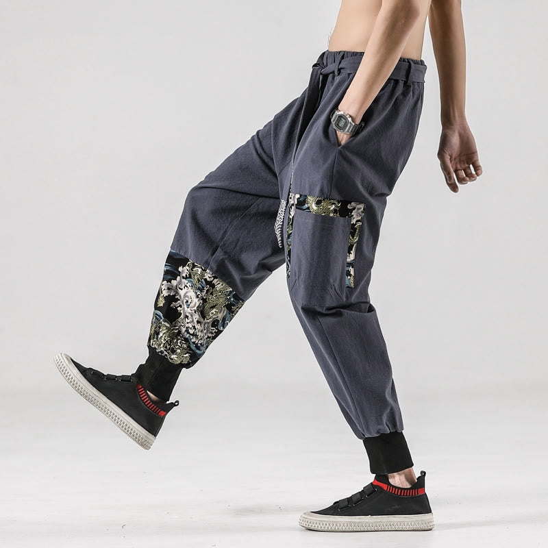 Buddha Stones Ocean Waves Lace-up Men's Harem Pants With Pockets