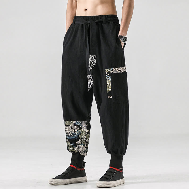 Buddha Stones Ocean Waves Lace-up Men's Harem Pants With Pockets