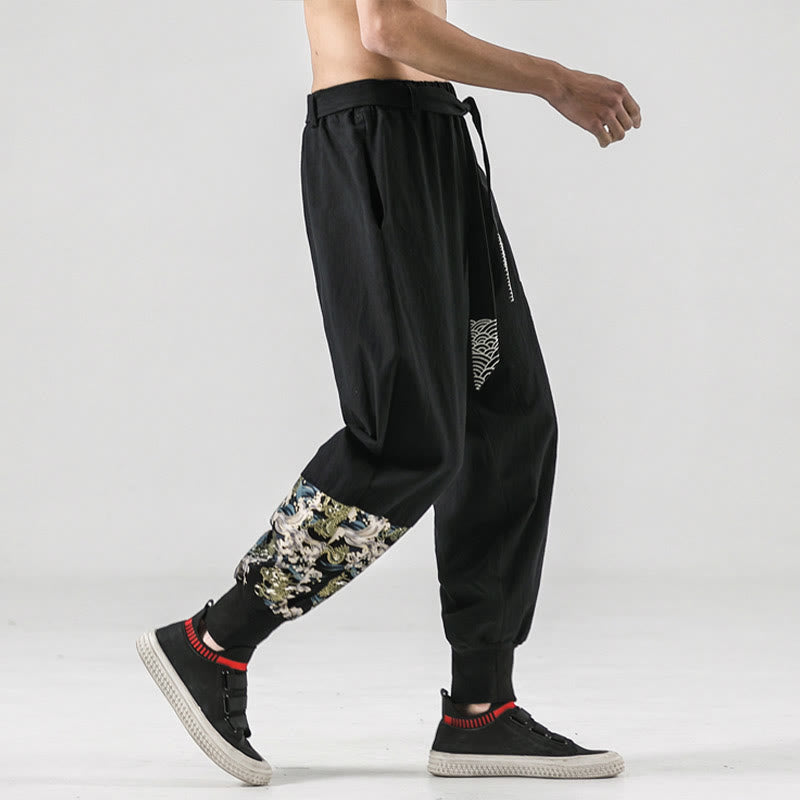 Buddha Stones Ocean Waves Lace-up Men's Harem Pants With Pockets