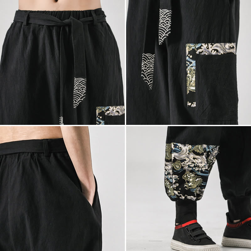 Buddha Stones Ocean Waves Lace-up Men's Harem Pants With Pockets