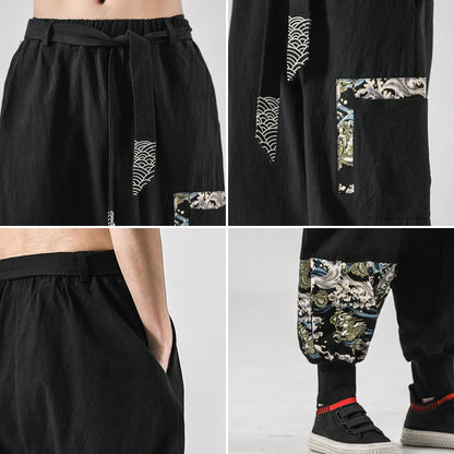 Buddha Stones Ocean Waves Lace-up Men's Harem Pants With Pockets