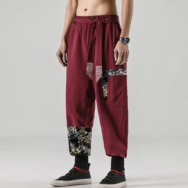 Buddha Stones Ocean Waves Lace-up Men's Harem Pants With Pockets