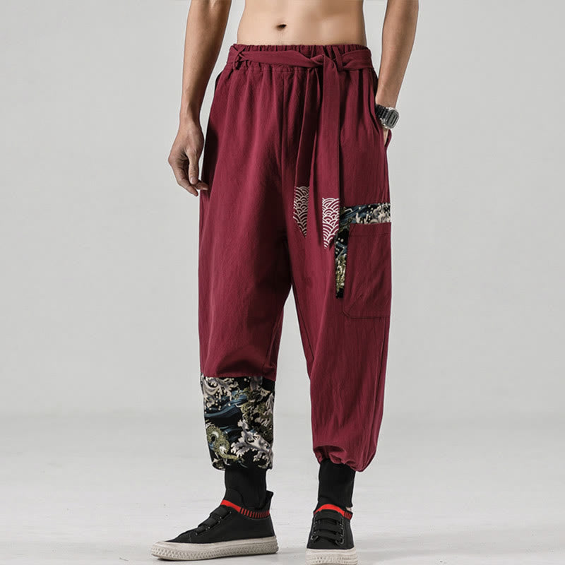 Buddha Stones Ocean Waves Lace-up Men's Harem Pants With Pockets