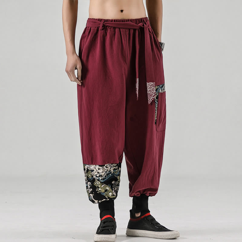Buddha Stones Ocean Waves Lace-up Men's Harem Pants With Pockets