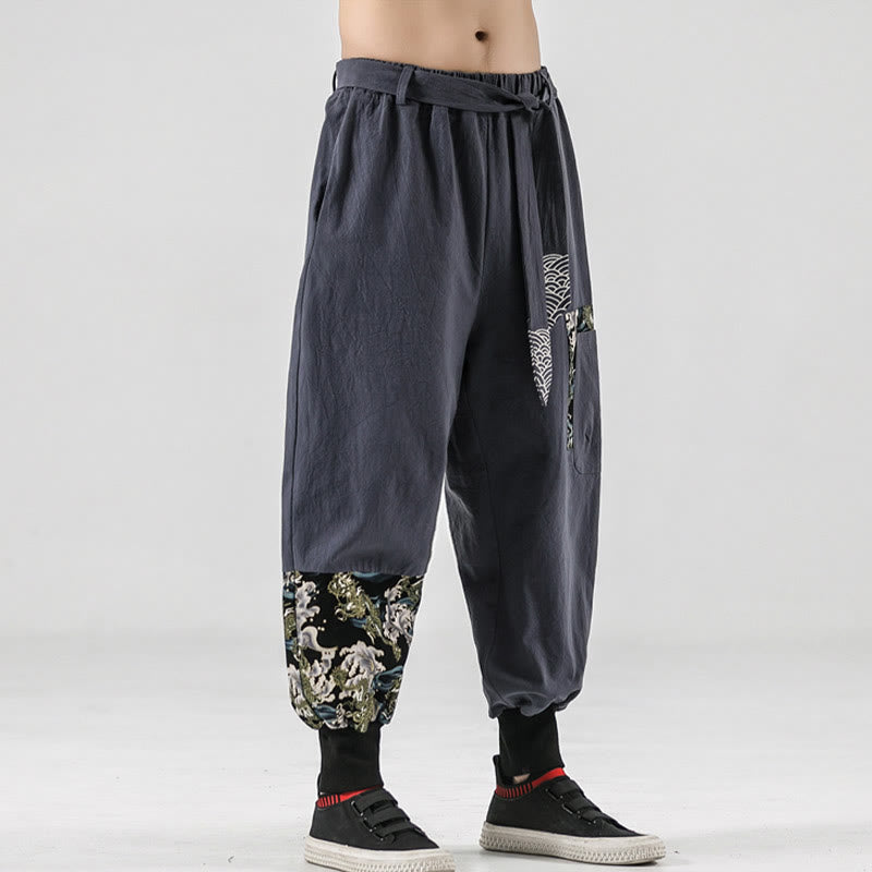 Buddha Stones Ocean Waves Lace-up Men's Harem Pants With Pockets