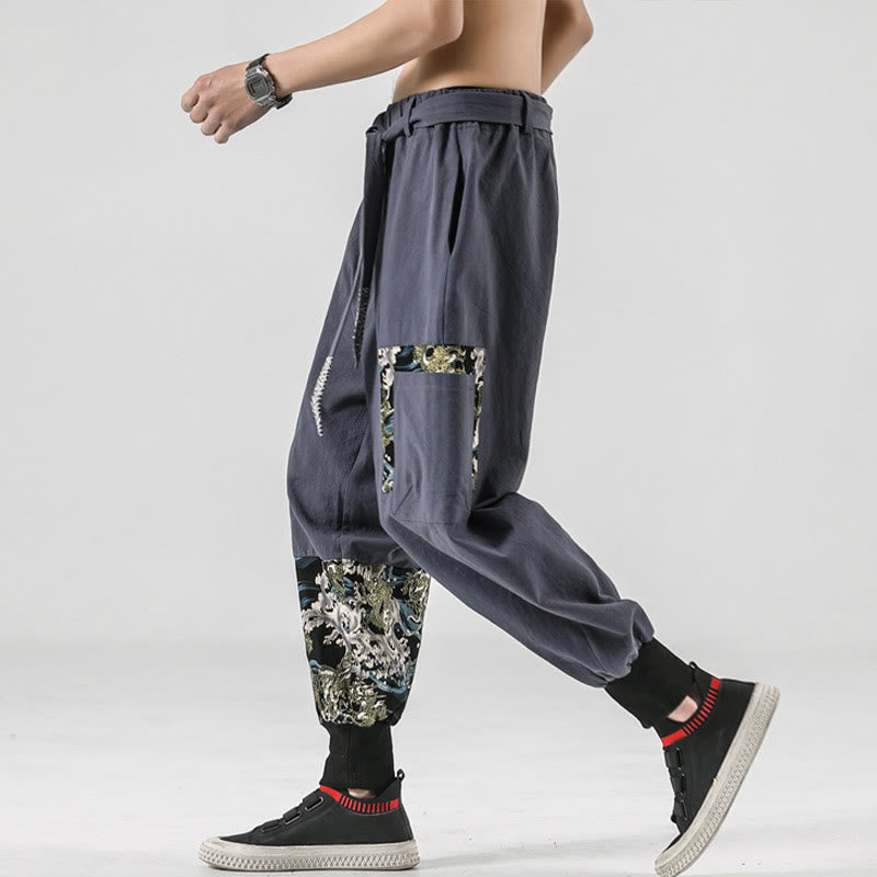 Buddha Stones Ocean Waves Lace-up Men's Harem Pants With Pockets