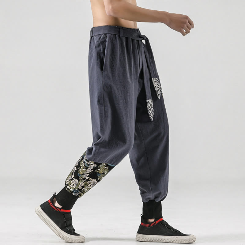 Buddha Stones Ocean Waves Lace-up Men's Harem Pants With Pockets