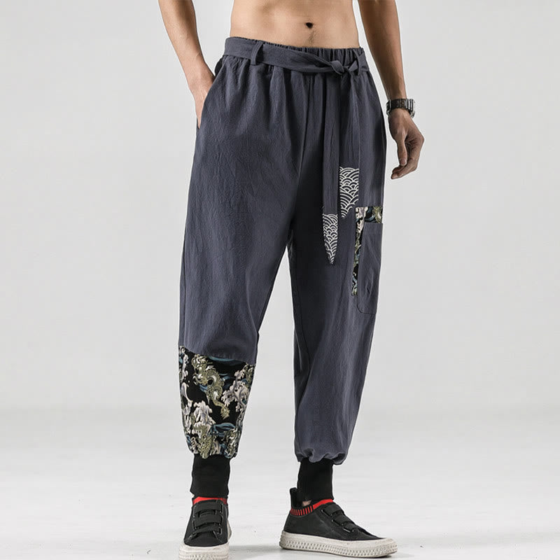 Buddha Stones Ocean Waves Lace-up Men's Harem Pants With Pockets