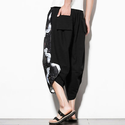 Buddha Stones White Crane Print Cotton Men's Cropped Harem Pants With Pockets