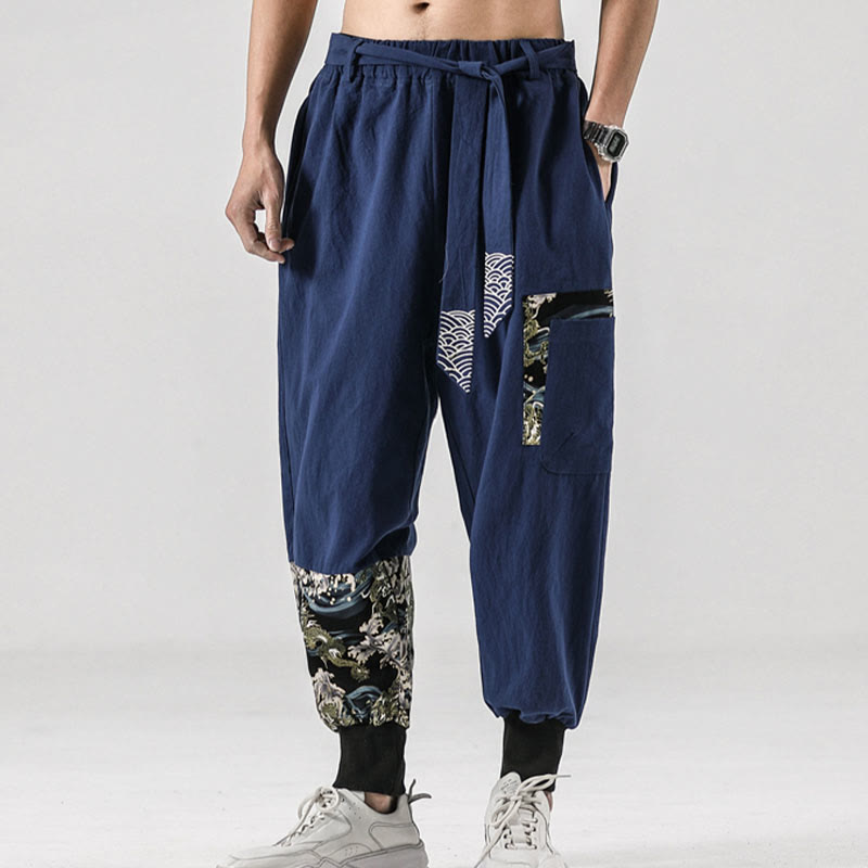 Buddha Stones Ocean Waves Lace-up Men's Harem Pants With Pockets