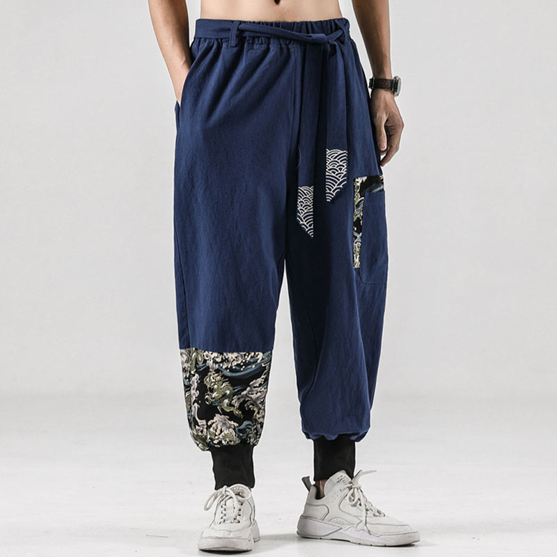Buddha Stones Ocean Waves Lace-up Men's Harem Pants With Pockets