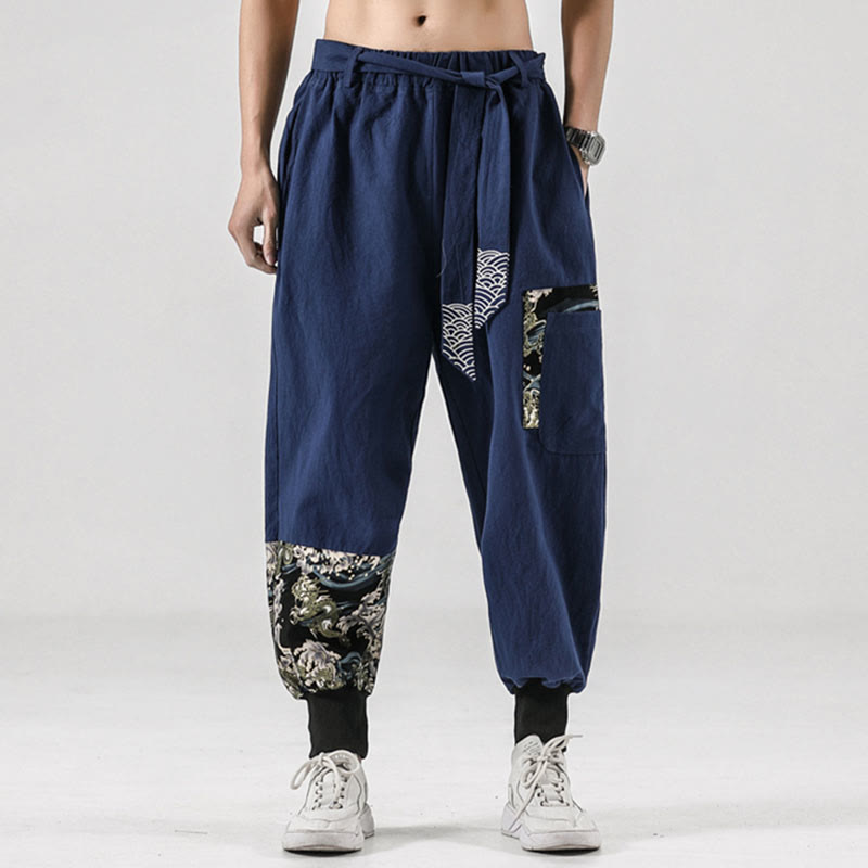 Buddha Stones Ocean Waves Lace-up Men's Harem Pants With Pockets