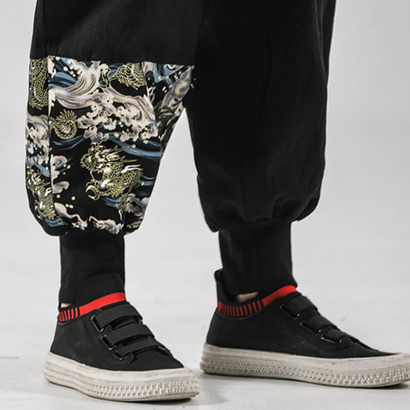 Buddha Stones Ocean Waves Lace-up Men's Harem Pants With Pockets