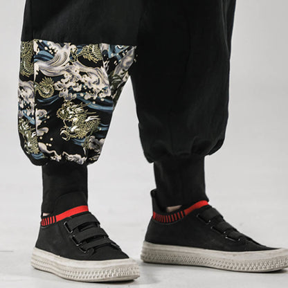 Buddha Stones Ocean Waves Lace-up Men's Harem Pants With Pockets