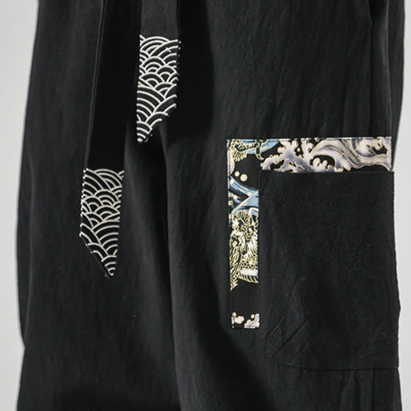 Buddha Stones Ocean Waves Lace-up Men's Harem Pants With Pockets