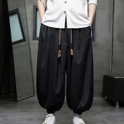 Buddha Stones Solid Color Corduroy Drawstring Thermal Men's Harem Pants With Pockets