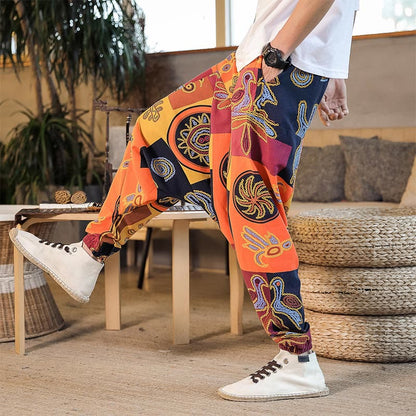 Buddha Stones Grid Flower Print Cotton Men's Harem Pants With Pockets